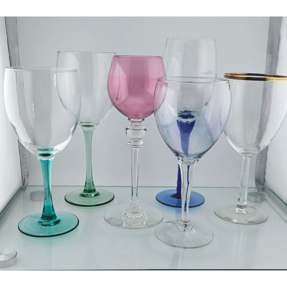 6 Boho Eclectic Mismatched Colorful Wine Glasses glassware barware vintage
